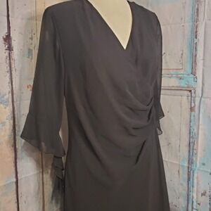Vintage Connected Petite Black Sheath Dress Ruffle Sleeve V Neck Draped Sz 12